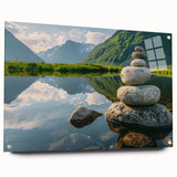 Acrylic glass artwork showcasing a vibrant landscape design featuring rocks and nature elements, displayed in a sleek side view with decorative pins to enhance presentation. Perfect for modern home decor, this piece adds a touch of elegance and color to any space.