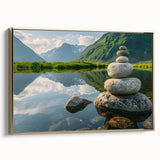 Framed canvas artwork showcasing a modern landscape design with rocky formations and warm gold accents, perfect for enhancing wall decor in stylish interiors.