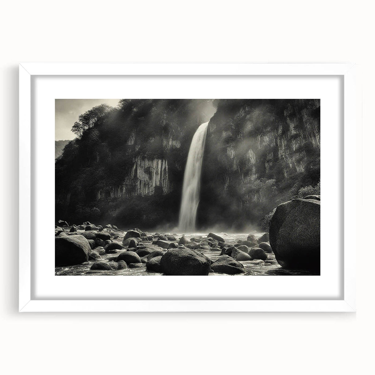 Framed wall art featuring a serene landscape of rocks against a soft blue sky, with a white mat and sleek frame, perfect for modern home decor.