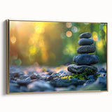 Framed canvas wall art showcasing a striking landscape design with rocks, featuring a gold frame that enhances the artwork’s elegance. Ideal for modern decor.