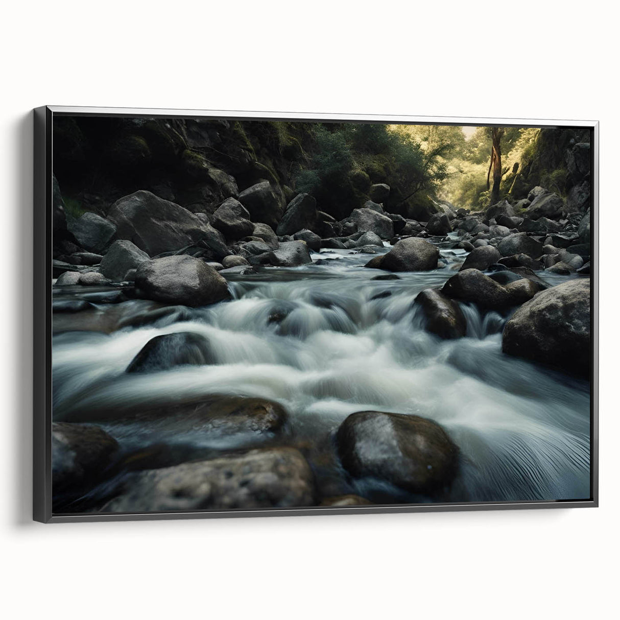 Framed canvas wall art showcasing a striking landscape with rocky formations, designed in a modern style with a sleek black frame, perfect for contemporary decor.