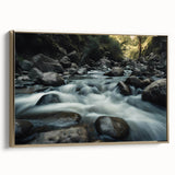 Framed canvas wall art showcasing a stunning landscape design with rocky formations, highlighted by a gold frame, perfect for enhancing modern decor.