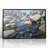 Framed acrylic wall art featuring a striking landscape design with textured rocks, presented in a sleek black frame, perfect for modern home decor.