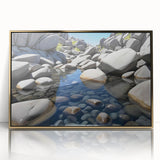 Framed acrylic wall art showcasing a stunning landscape with vibrant rocks, gold accents, and a modern design, perfect for enhancing contemporary interiors.