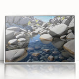 Framed acrylic wall art featuring a vibrant landscape design with rocks and serene colors, set against a white frame, perfect for modern home decor.