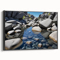 Framed canvas wall art featuring a stunning landscape design with textured rocks, presented in a sleek black frame, perfect for modern home décor enhancement.