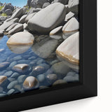 Close-up of a framed canvas wall art piece showcasing a vibrant landscape design with rocks and earthy tones, ideal for home decor in modern interiors.