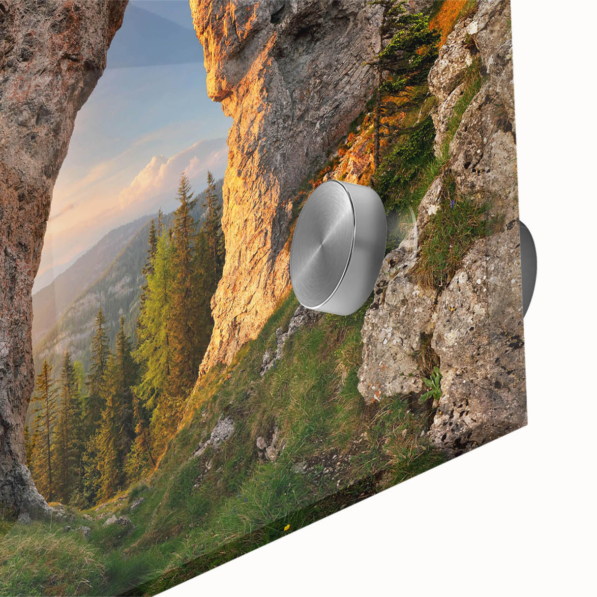 Close-up of a vibrant wall art piece showcasing abstract rock formations in rich earth tones, designed with acrylic glass for a modern aesthetic. The artwork is part of a unique landscapes collection, perfect for enhancing contemporary home decor.
