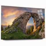 Side view of a stunning acrylic glass wall art piece showcasing a modern landscape design with vibrant rock formations, ideal for contemporary home decor.