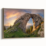 Framed canvas wall art showcasing a vibrant landscape with rocks and gold accents, ideal for home decor, displayed in a stylish side view to highlight its design.