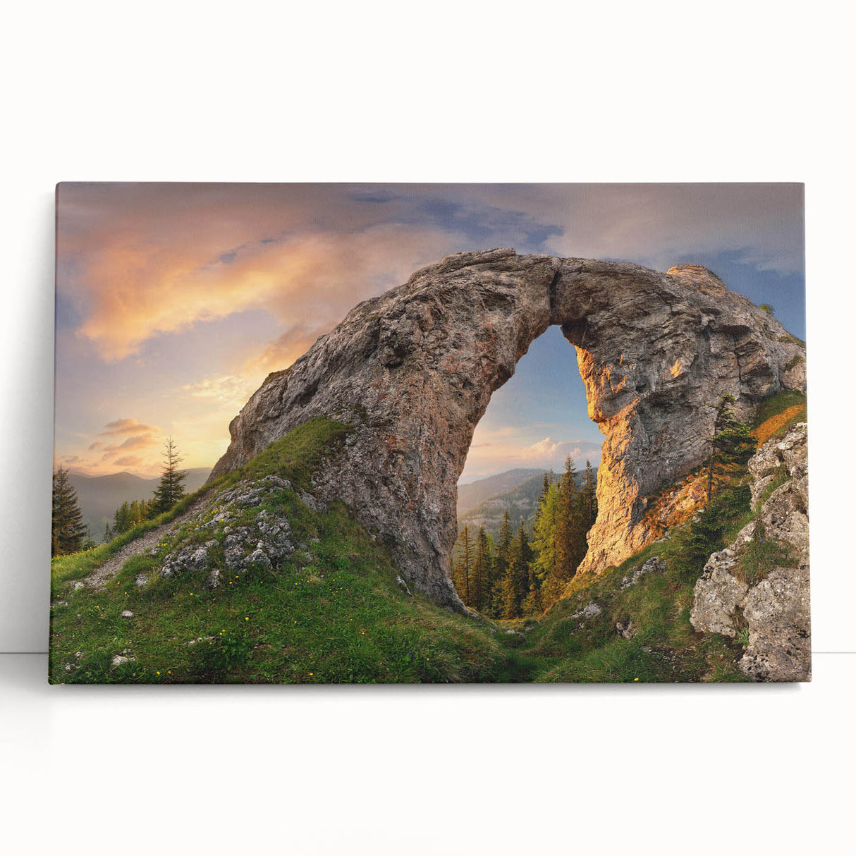 Stretched canvas wall art showcasing a vibrant abstract landscape design with bold rock formations and earthy tones, ideal for modern home decor.
