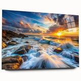 Acrylic wall art collection showcasing a vibrant landscape design with bold rock formations, displayed from a side view against a clean backdrop. Perfect for modern home decor.