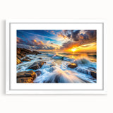Framed wall art featuring a serene landscape with rocks, displayed in a white mat and frame, ideal for home decor and interior design inspiration.