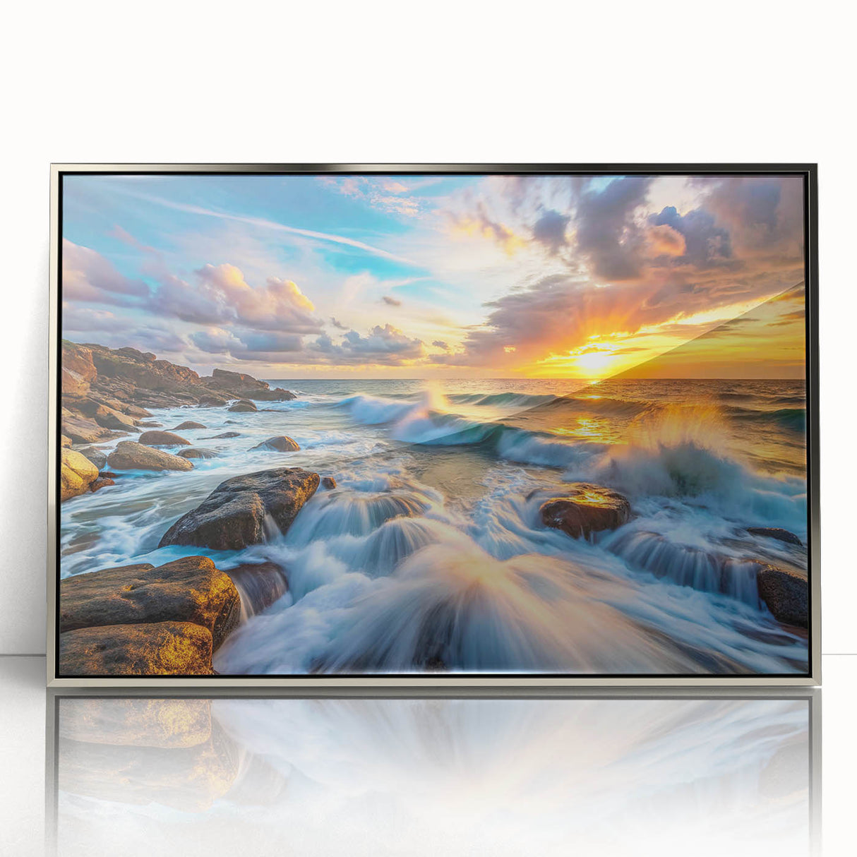 Framed acrylic wall art featuring a stunning landscape design with textured rocks, presented in a sleek silver frame, ideal for modern home decor.