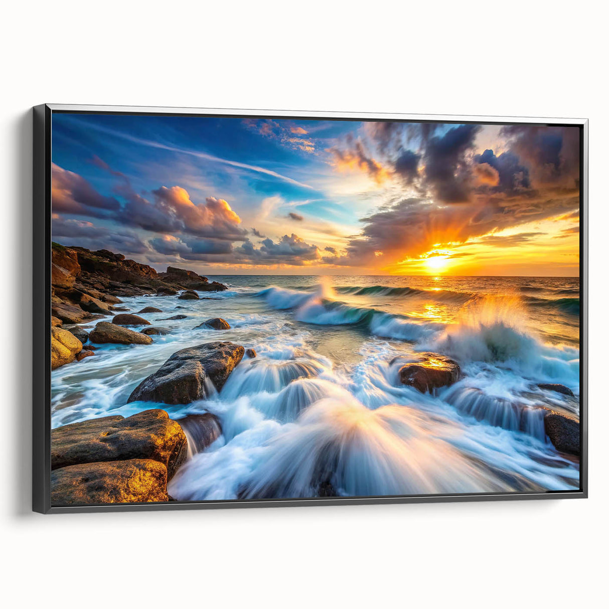 Framed canvas wall art featuring a modern landscape design with rocks, showcasing a black frame and side view, perfect for home decor enhancement.