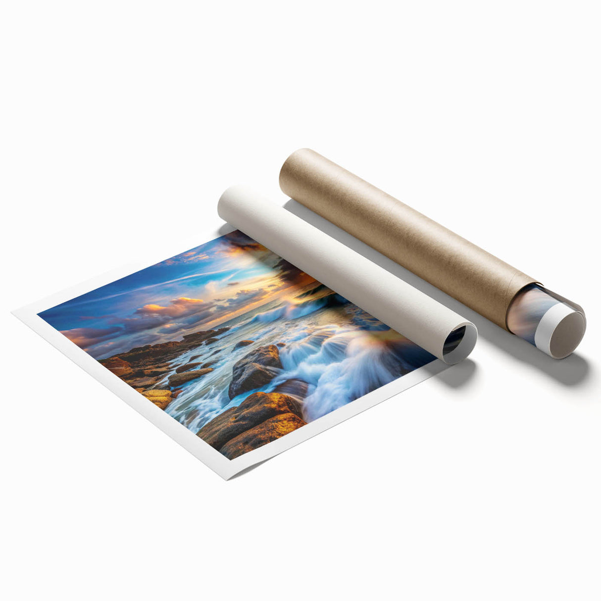 Abstract landscape wall art featuring vibrant rocks and earthy tones, rolled for easy shipping and display, perfect for modern home decor.