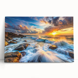 Stretched canvas wall art depicting a serene landscape with rocky formations, featuring earthy tones and intricate details, ideal for modern home décor.