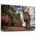 Acrylic glass wall art showcasing a stunning landscape design with rocky formations, displayed in a side view with pins for easy mounting, perfect for home decor.