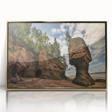 Framed acrylic wall art featuring a stunning landscape design with vibrant colors and intricate rock formations, elegantly displayed with a gold frame, perfect for home décor.