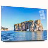 Acrylic glass wall art piece featuring a stunning landscape design with textured rocks, displayed from the side and held securely with pins, ideal for home decor.