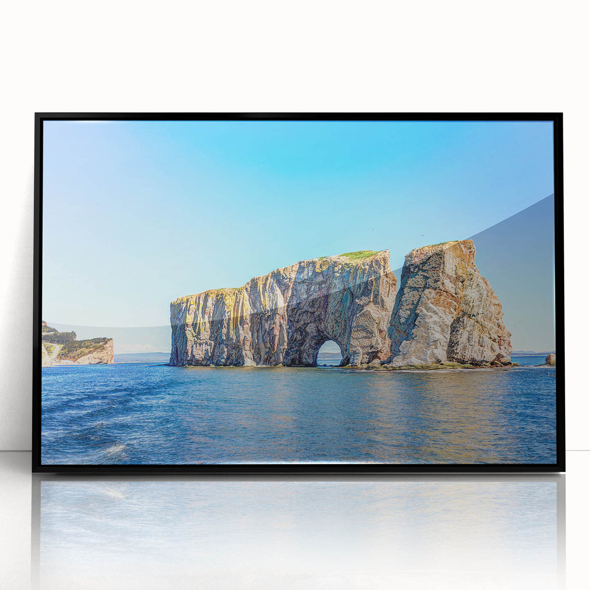 Framed acrylic wall art featuring abstract landscape design with vibrant colors and textured rocks, displayed in a sleek black frame, perfect for modern decor.