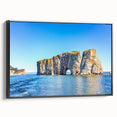 Framed canvas wall art showcasing a stunning landscape with rocky formations and vibrant colors, side view highlighting the sleek black frame for modern decor.