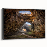 Framed canvas wall art showcasing a stunning landscape design with bold rock formations and vibrant colors, displayed from a black side view, perfect for home decor.