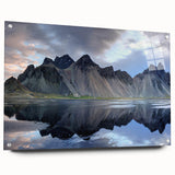 Acrylic glass wall art showcasing a vibrant landscape design with bold rock formations, elegantly displayed from the side view, highlighting its modern aesthetic and sturdy pin attachments. Perfect for enhancing contemporary interior decor.