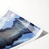 Stunning rolled print of abstract landscape wall art featuring vibrant hues of blue and orange, designed to enhance modern interiors, packaged securely in a cardboard tube.