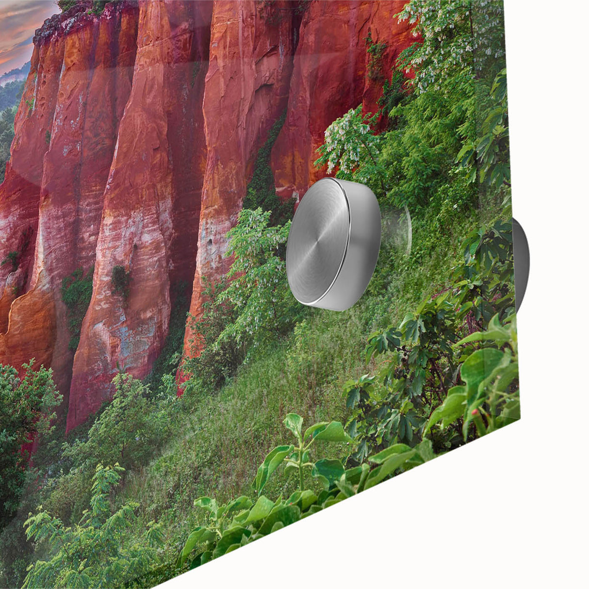 Close-up of a vibrant acrylic wall art piece showcasing abstract landscapes with textured rock formations, perfect for modern home decor.