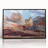 Framed acrylic wall art featuring a modern landscape design with black rocks, showcasing a sleek front view against a minimalist background, perfect for contemporary decor.