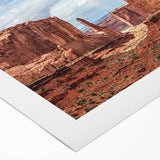 Vibrant rolled canvas art showcasing a stunning landscape with rock formations and abstract elements, ideal for modern home decor, delivered in protective packaging.