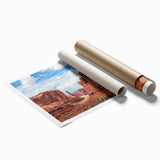 Vibrant rolled print of a serene landscape featuring rocky formations and lush greenery, ideal for enhancing home decor. Packaged securely in a cardboard tube for safe delivery.