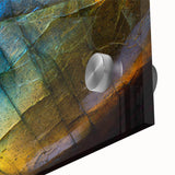 Close-up of a vibrant acrylic glass wall art piece showcasing a stunning landscape with intricate rock formations, ideal for modern home decor and artistic aesthetics.