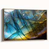 Framed canvas wall art featuring a stunning landscape design with rocks, highlighted by elegant gold accents, showcasing a side view to emphasize depth and detail.