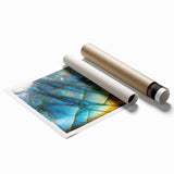 Abstract landscape wall art print showcasing vibrant hues of blue and orange, featuring textured rock formations. Ideal for modern home decor, enhancing living spaces with a touch of nature's beauty.