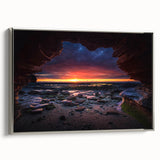 Framed canvas wall art showcasing a contemporary landscape design with textured rocks and vibrant colors, featuring a sleek silver frame, perfect for modern decor.