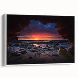 Framed canvas artwork showcasing a serene landscape with textured rocks and soft hues, elegantly displayed in a white frame, perfect for modern home decor.