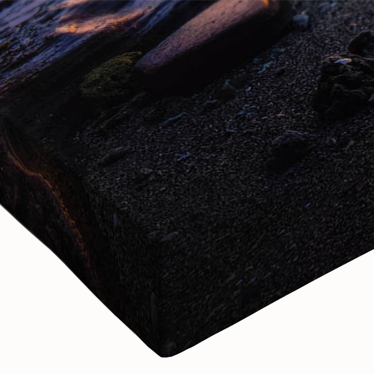 Close-up of a textured stretched canvas featuring a vibrant landscapes and rocks design, ideal for enhancing modern home decor or office spaces.