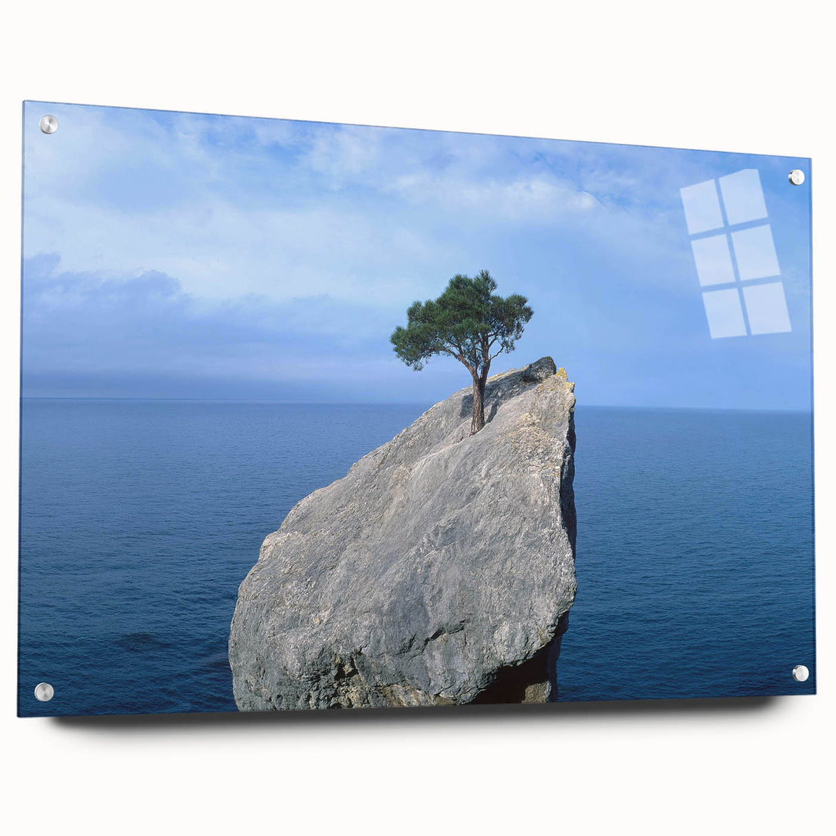 Modern acrylic wall art design showcasing a vibrant abstract landscape with striking rock formations, set in a sleek glass frame, displaying vivid colors and textures. Ideal for contemporary home decor.