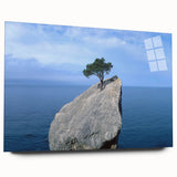 Acrylic glass wall art collection showcasing a vibrant landscape design featuring rocky formations and lush greenery, viewed from the side without pins. Perfect for modern decor.