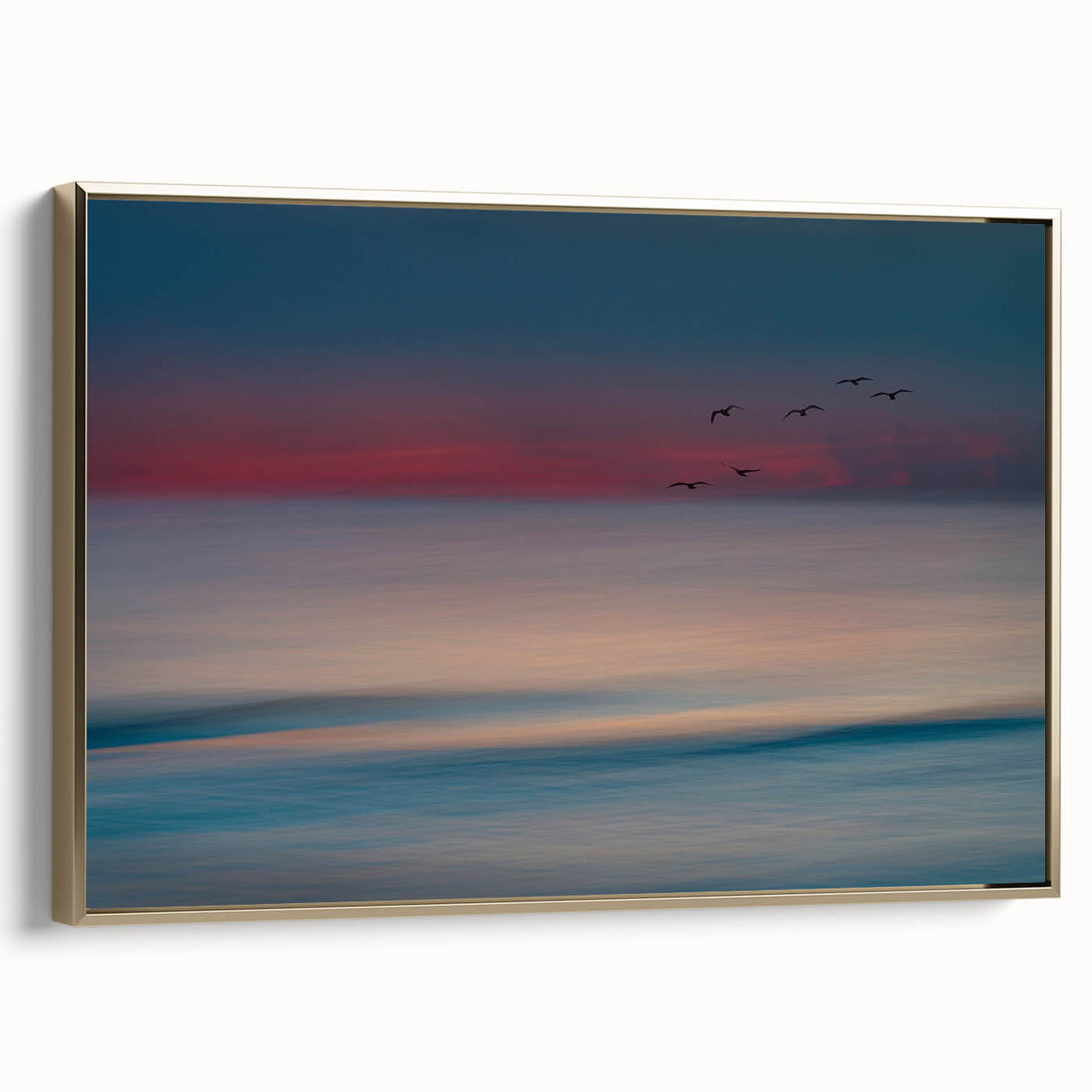 Framed canvas artwork showcasing a serene seascape design with gold accents, perfect for enhancing modern home decor. Ideal for living rooms or coastal themes.