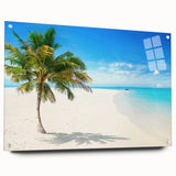 Acrylic glass wall art showcasing a serene seascape design, featuring vibrant blues and greens, elegantly mounted with pins for a contemporary display. Ideal for coastal-themed decor.
