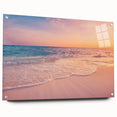 Acrylic wall art collection showcasing vibrant seascapes in a modern design, displayed from a side view with pins for easy hanging on a white background. Ideal for coastal-themed home decor.