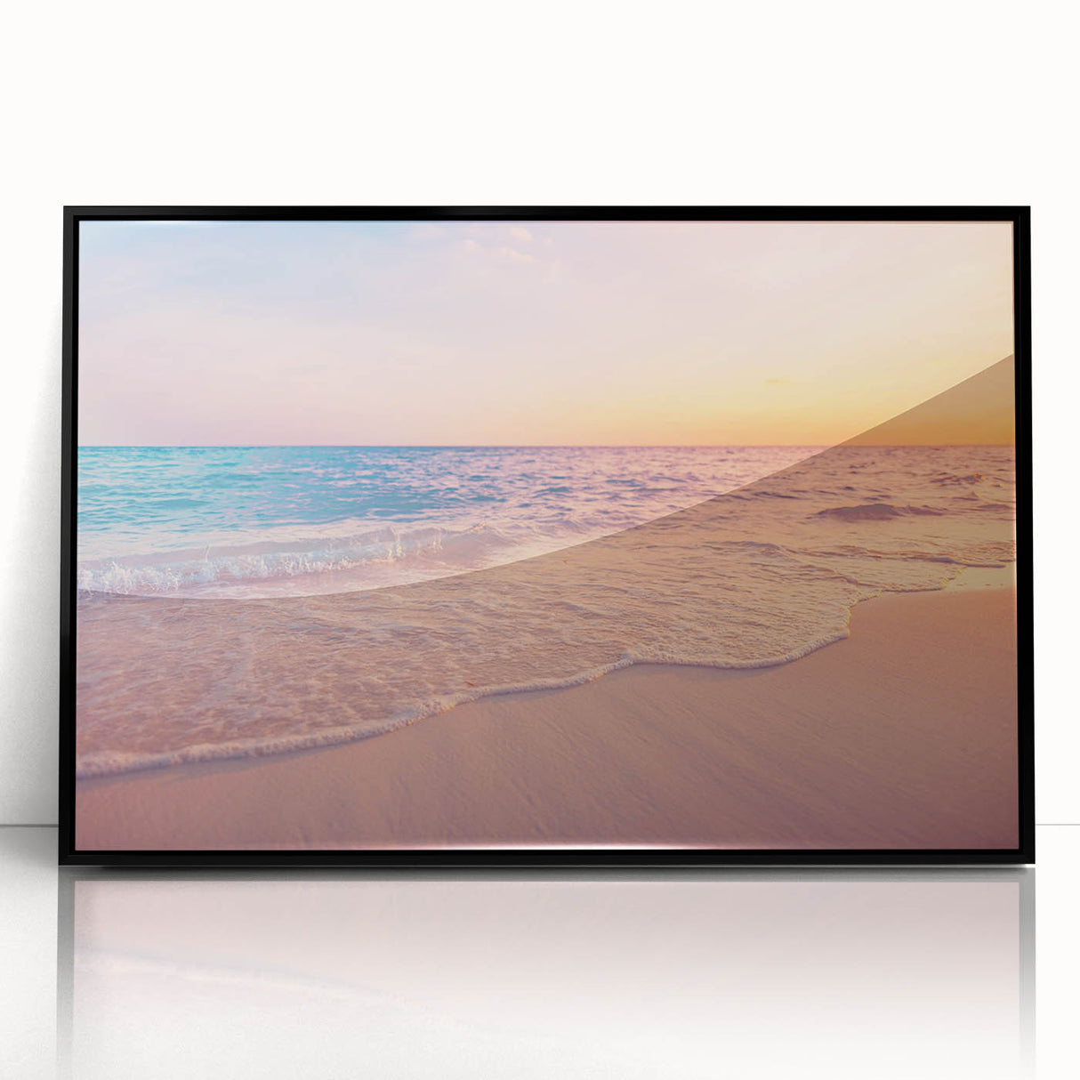 Framed acrylic wall art collection featuring serene seascapes and landscapes in a stylish black frame, showcasing vibrant ocean hues and tranquil natural scenes. Perfect for enhancing modern home decor with an artistic touch.