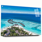 Acrylic glass wall art featuring a vibrant seascape design, showcasing calming ocean waves and a serene coastal landscape, displayed with decorative pins. This artwork enhances modern interiors with its colorful aesthetic and dynamic composition.