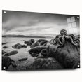 Acrylic glass wall art showcasing a vibrant seascape design with rich blues and greens, side view highlighting pins for easy display in modern interiors. Perfect for coastal-themed decor.