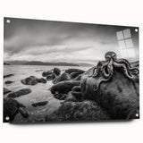 Acrylic glass wall art showcasing a vibrant seascape design with rich blues and greens, side view highlighting pins for easy display in modern interiors. Perfect for coastal-themed decor.