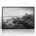 Framed acrylic wall art featuring a serene coastal landscape with vibrant blues and greens, showcasing a modern design perfect for home decor.