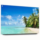 Side view of a framed acrylic glass wall art piece showcasing a serene seascape design, featuring vibrant blues and soft whites, elegantly displayed with decorative pins. Perfect for coastal-themed decor.